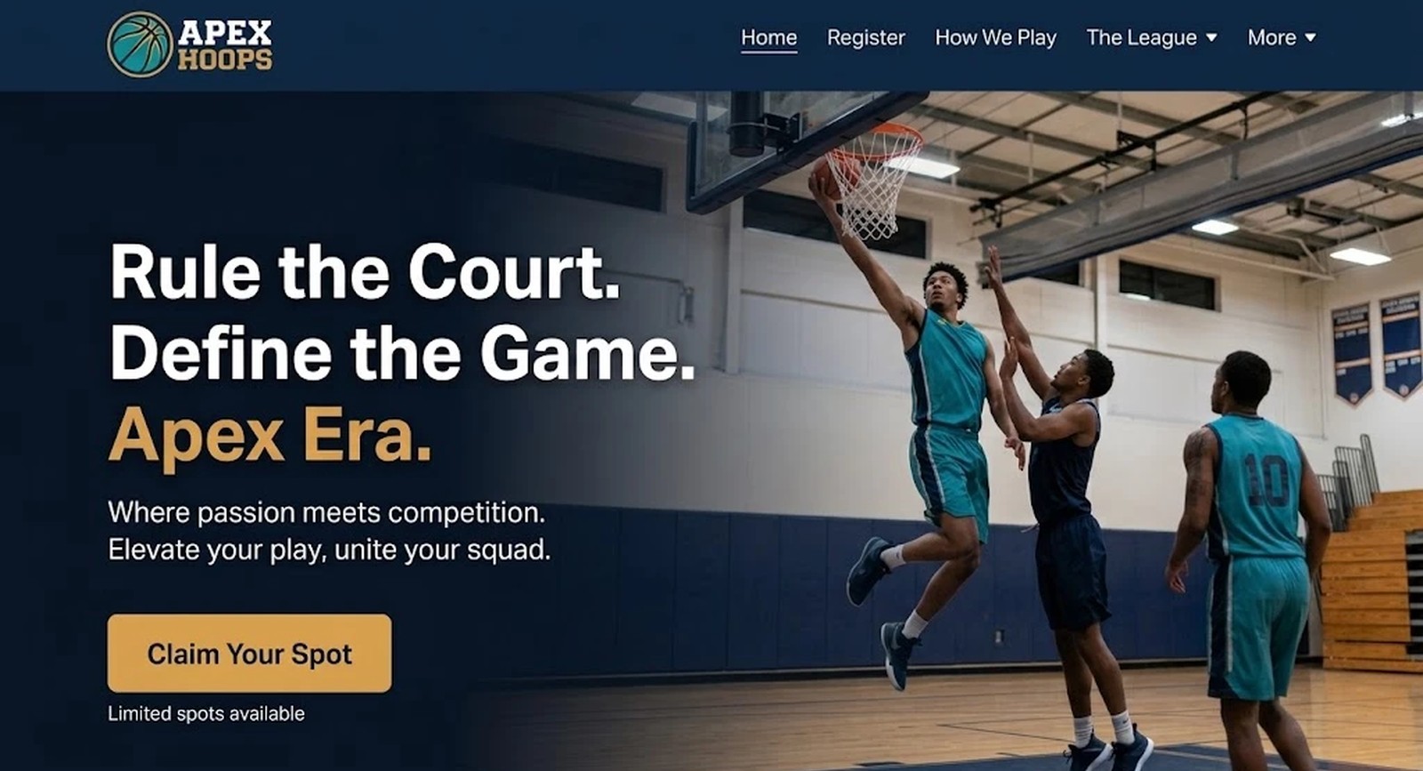 Screenshot of the Apex Hoops basketball league website homepage