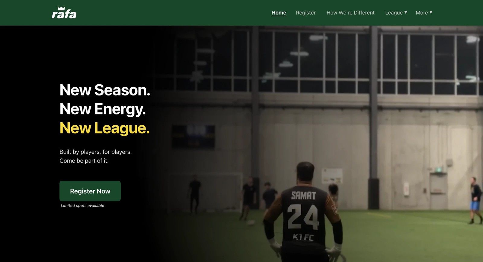 Screenshot of the Rafa League website homepage, a soccer league site built on Drft