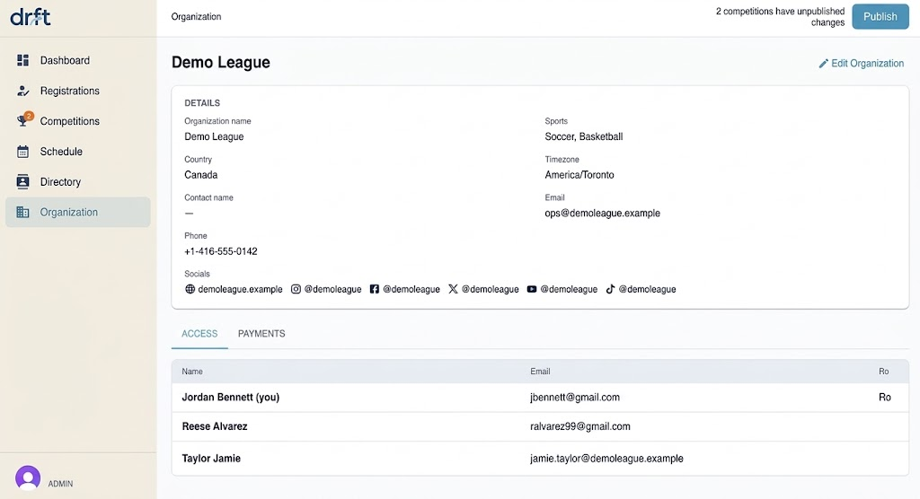 Drft admin organization page showing league details, contact info, and team member access